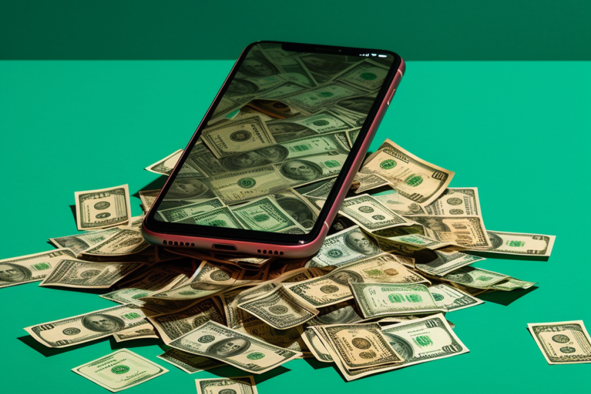 En mobil der ligger på en bunke af penge 