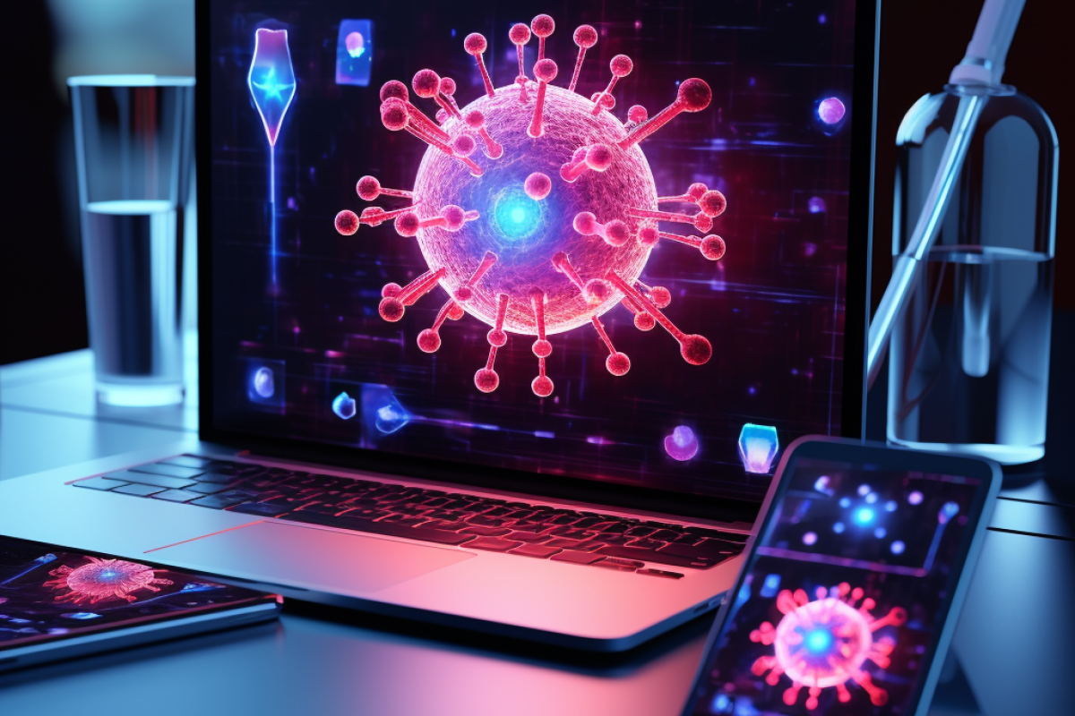 En tablet, computer og telefon med virus 