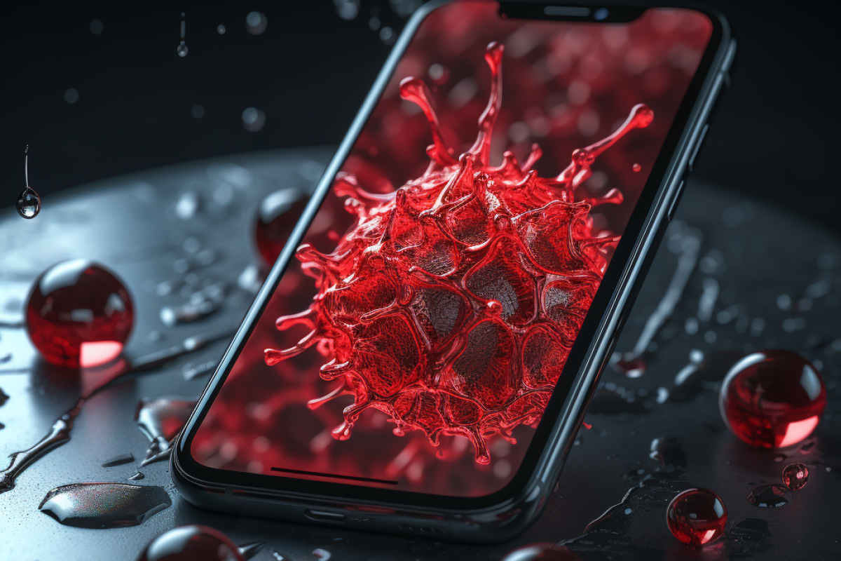 En iPhone med en rød virus på 
