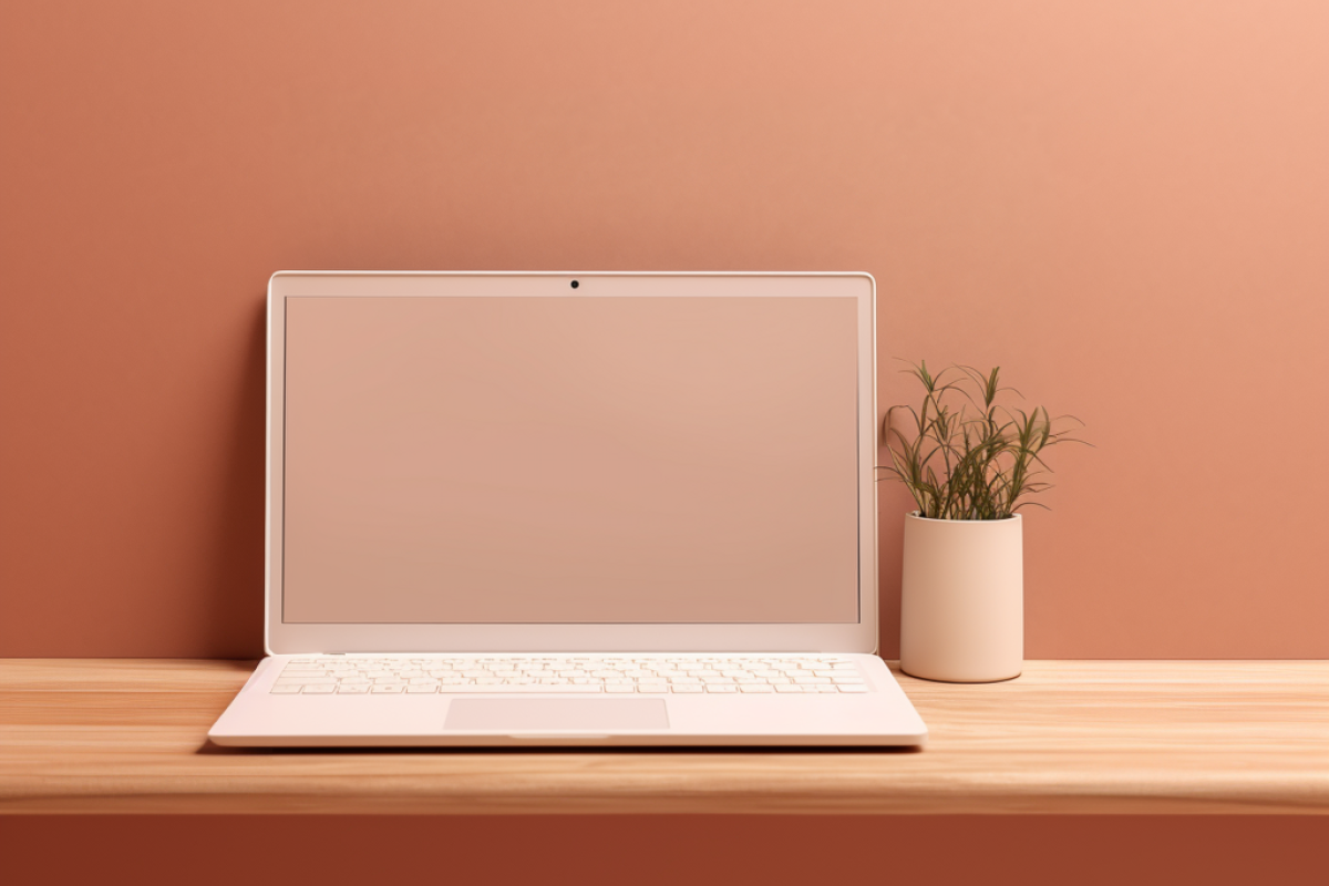 En computer med skærmen åben og en plante ved siden af