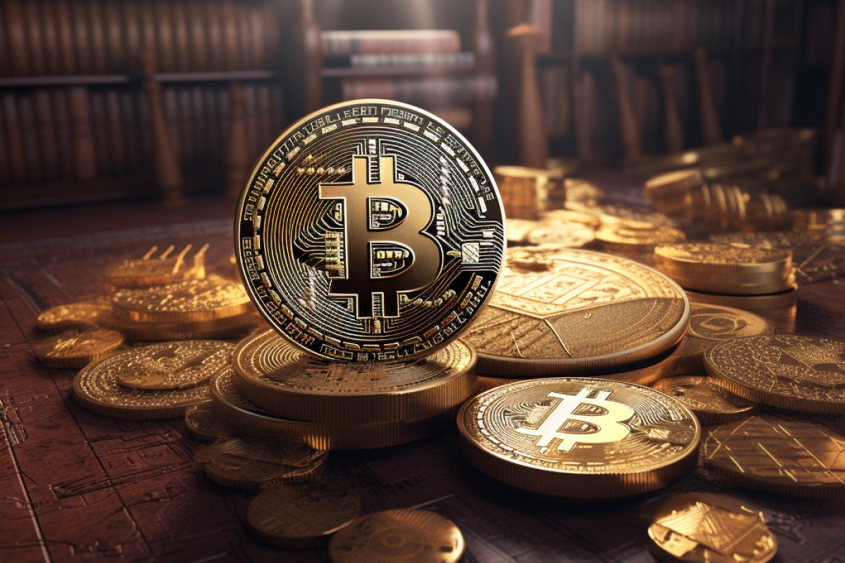 Et billede af mønter med Bitcoin logoet på 